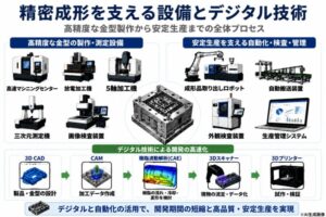 プラスチック成型を行うための高性能精密成形設備とデジタル技術の図。多くの設備が紹介されている。