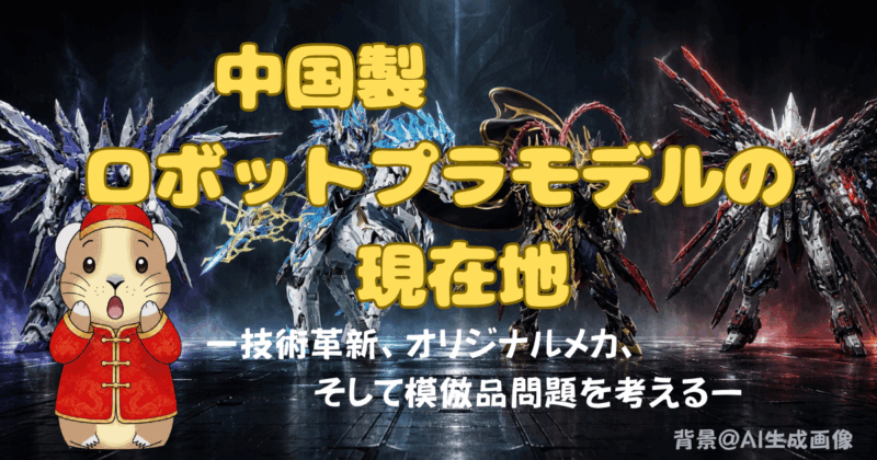 「中国製ロボットプラモデルの現在地ー技術革新、オリジナルメカ、そして模倣品問題を考えるー」というタイトルのアイキャッチ画像です。背景は4体の中国製プラモデルが並んでいます。左から2番目は馬に乗っています。左下にはチャイナ服を着たマスコットのナキウサギが驚いています。