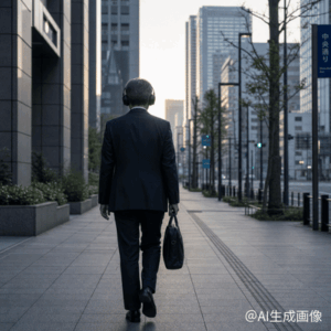 早朝にビル街を歩く50代後半の通勤途中のビジネスマンの後ろ姿。へっどフォンでAudibleを聴いている。右手にはビジネスバックを持っている。