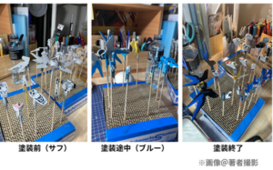SDEX Strike Freedomのペイントワーク様子。３つの画像があり、左から塗装前のサフ、真ん中は塗装途中。青色が塗装されている。右端は塗装完成後の写真