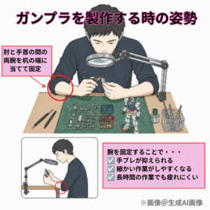 ガンプラを製作する姿勢を表した図。机の端に肘と手首の間の両腕を当てて固定している図。男性が拡大鏡を覗き込みながら作業している。